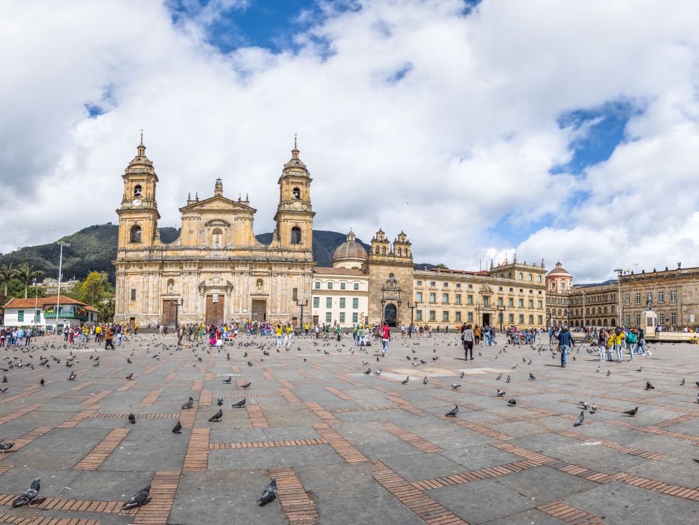Panoramic view of Bolivar Square with Cathedral and Colombian National Capitol and Congress - Bogota, Colombia