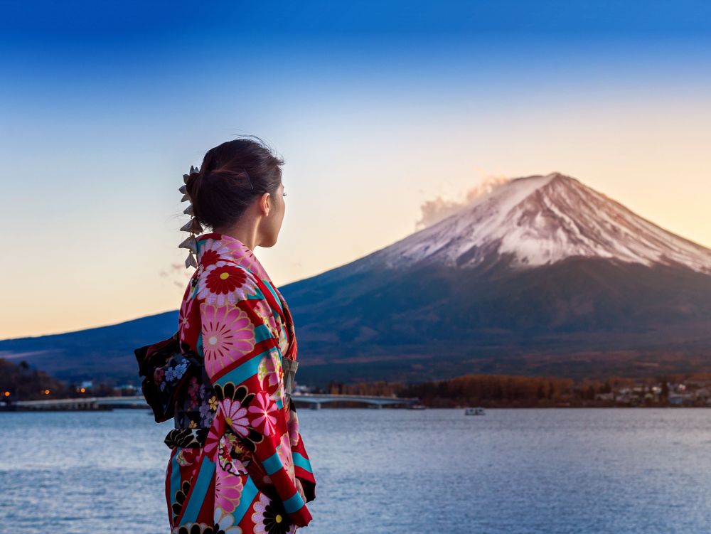 Asian woman wearing japanese traditional kimono at Fuji mountain